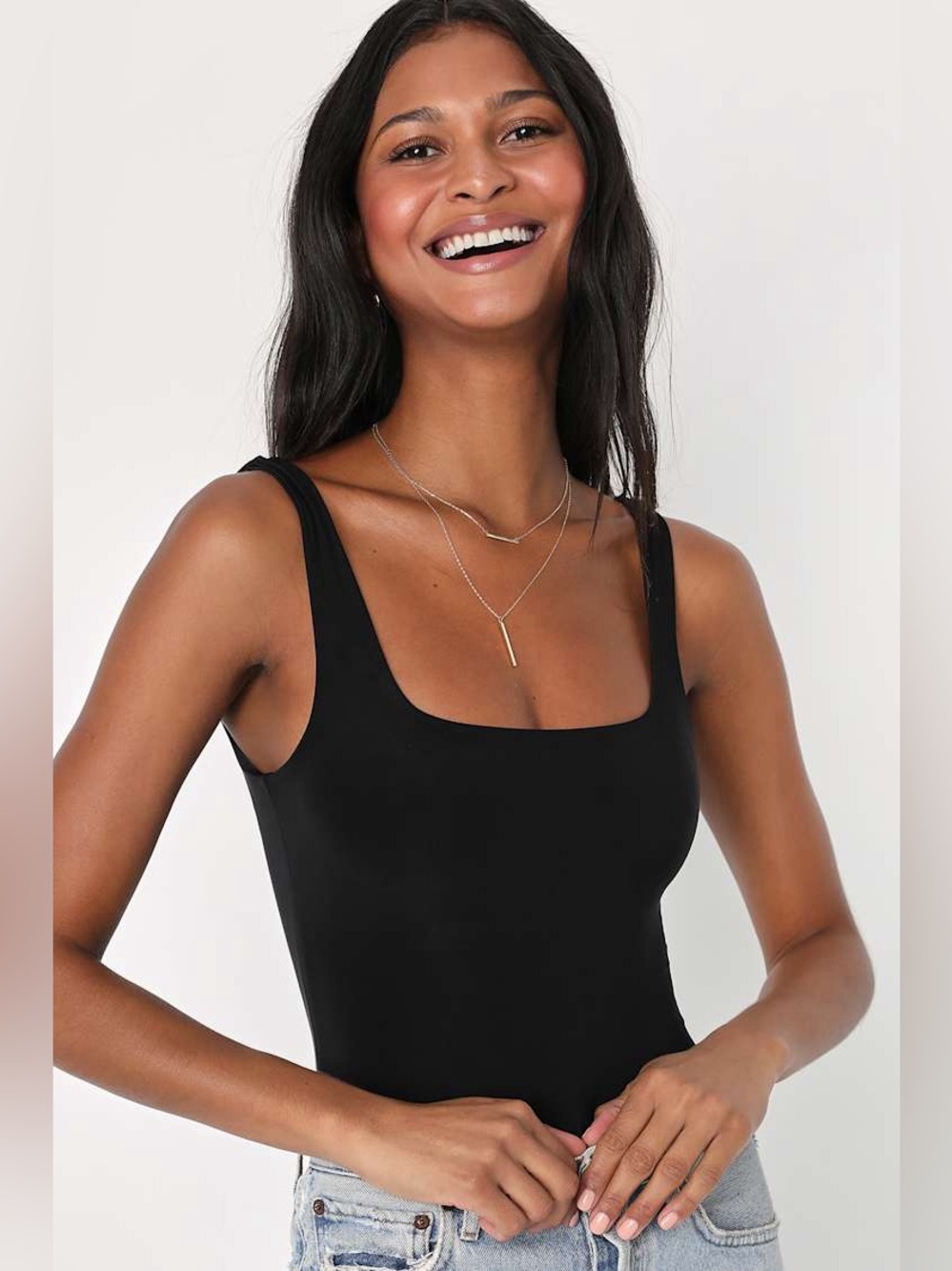 Lulus Black Square Neck Tank Top Bodysuit